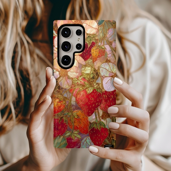 Strawberries Stained Glass Design Samsung Galaxy S24 Ultra Phone Case - Picture 1 of 2